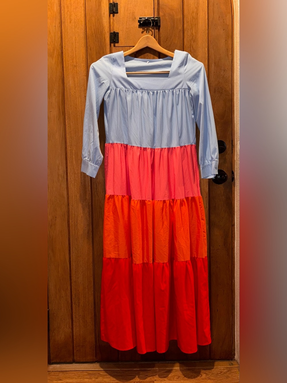 Colorblock Tiered Maxi Dress in Light Blue, Pink, Orange, Red